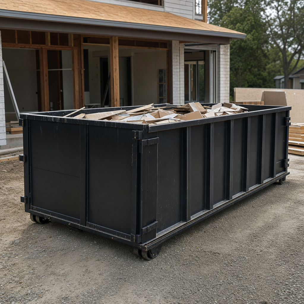 Large matte-black 30-yard construction roll-off dumpster at an active Joplin jobsite, steel-gray top rails and bottom rollers visible, loaded with construction debris.