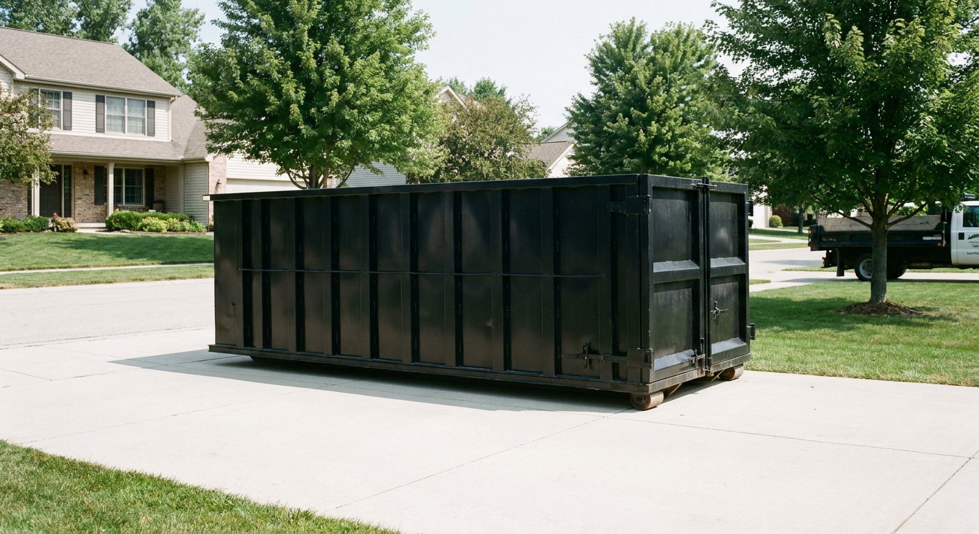 Matte-black 20-yard roll-off dumpster sitting level on a clean Joplin residential concrete driveway under bright daylight, demonstrating clean placement directly on the concrete.
