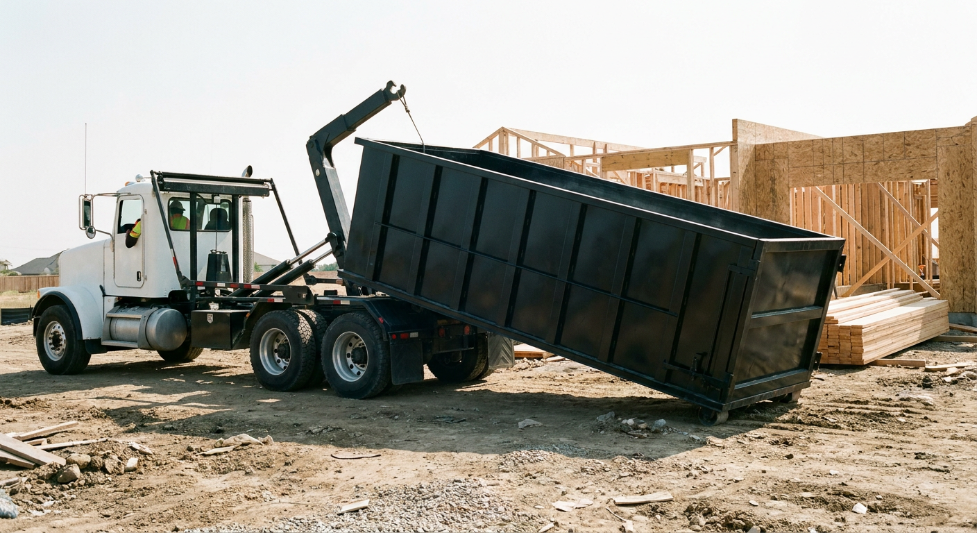 Matte-black roll-off dumpster being delivered onto a clean residential concrete driveway in Joplin by an unmarked white hooklift hauler truck, bright morning daylight, documentary 35mm perspective.